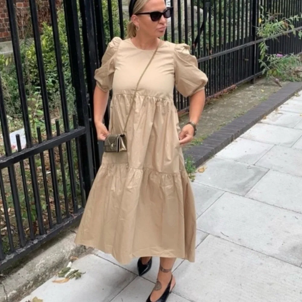 NEW Zara Women puffed sleeve midi dress, size S, neutral beige color - Picture 5 of 8